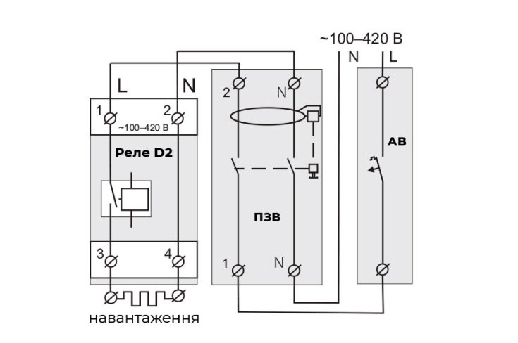 Схема підключення реле Zubr D2-63 red з транзитом нуля