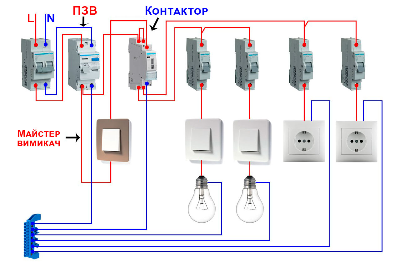 Схема підключення майстер вимикача через контактор