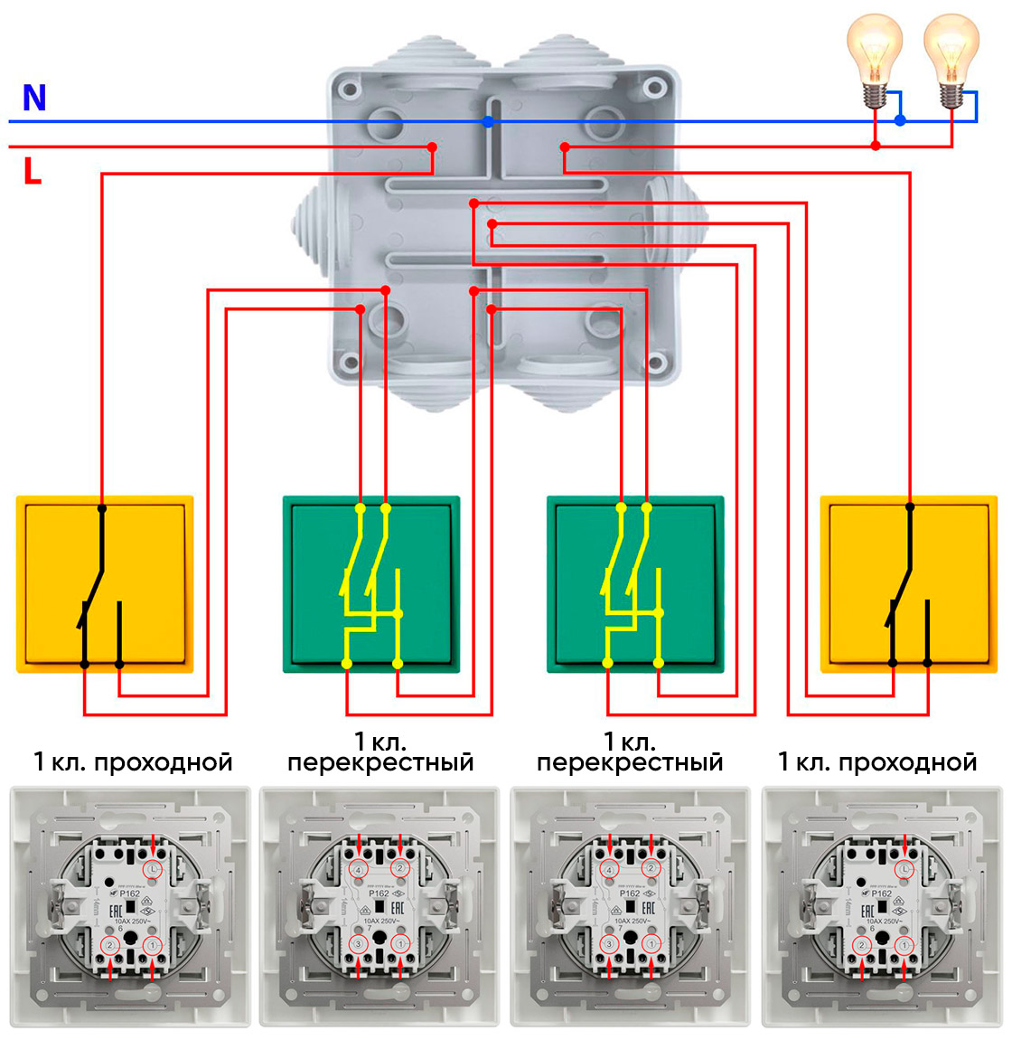 Схема подключения проходного выключателя с четырех мест