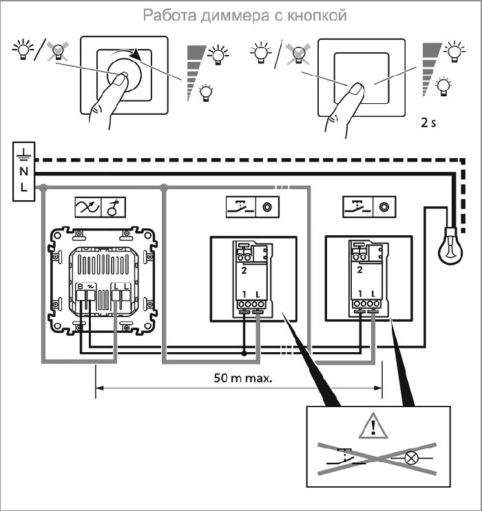 Схема підключення димера Valena Life у схемі з кнопкою Легранд