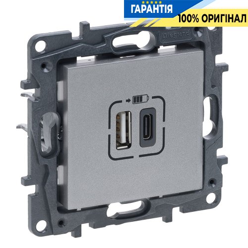 Розетка USB Тип А+C 12Вт+15Вт 5 В Legrand Niloe Step 863340, алюминий | ELECTRICA.NET.UA