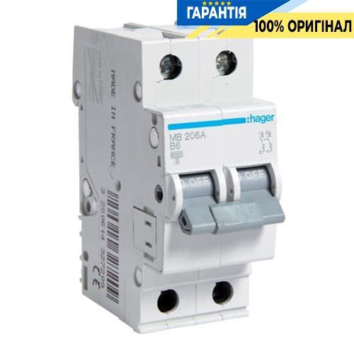 Автоматичний вимикач Hager MB206A 6А, 2п, B, 6 кА