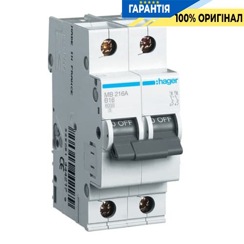 Автоматичний вимикач Hager MB216A 16А, 2п, B, 6 кА