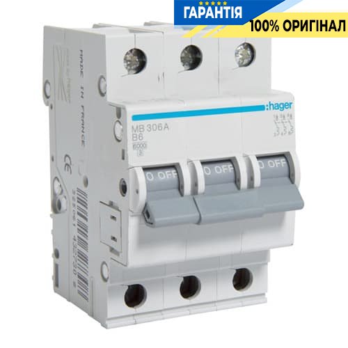Автоматичний вимикач Hager MB306A 6А, 3ф, B 6 кА
