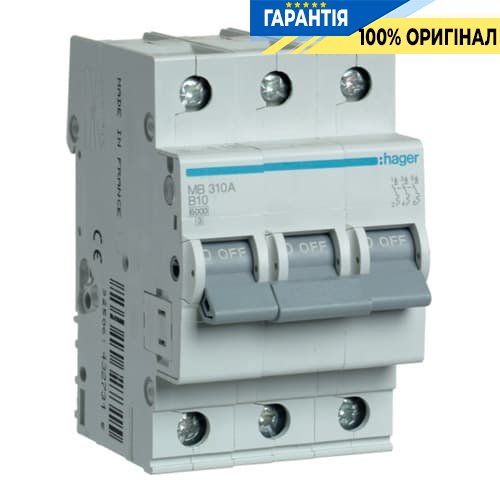 Автоматичний вимикач Hager MB310A 10А, 3ф, B 6 кА