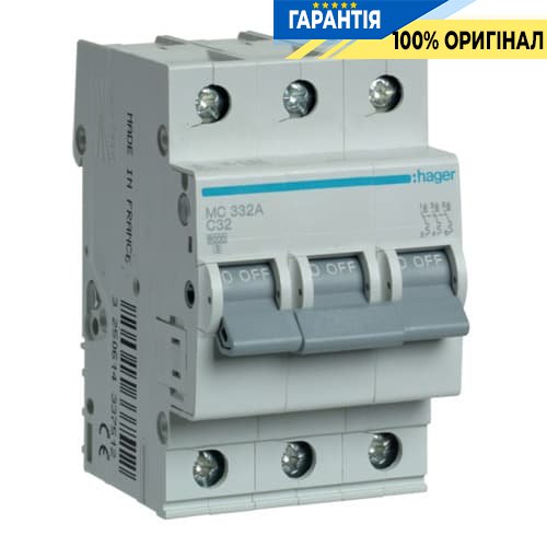 Автоматичний вимикач Hager MC332A 32А, 3ф, С 6 кА