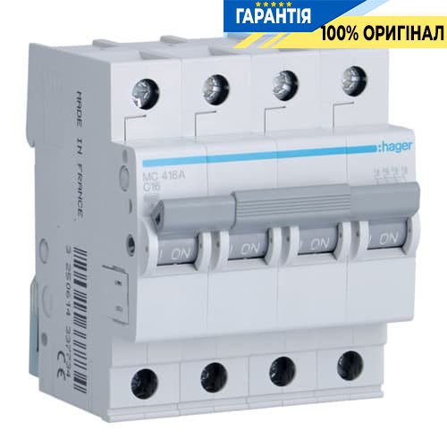 Автоматический выключатель 4-х полюсный Hager MC416A 16 А, 3ф С 6 кА