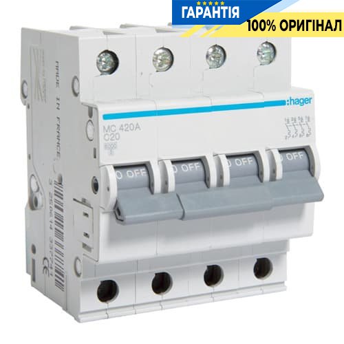Автоматический выключатель 4-х полюсный Hager MC420A 20 А,3ф С 6 кА