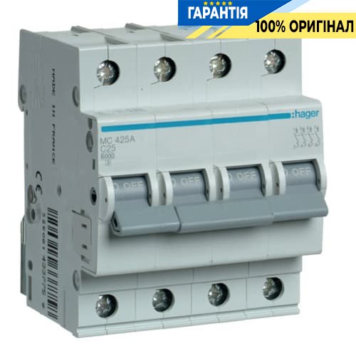 Автоматический выключатель 4-х полюсный Hager MC425A 25 А,3ф С 6 кА