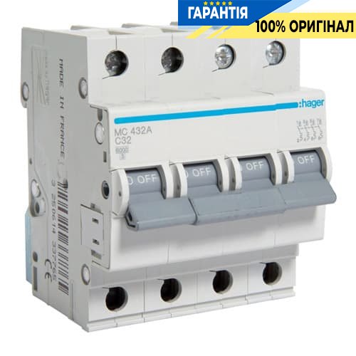 Автоматический выключатель 4-х полюсный Hager MC432A 32 А,3ф С 6 кА