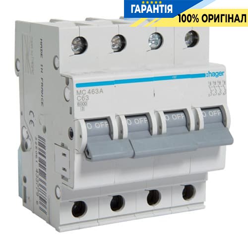 Автоматичний вимикач 4-х полюсний Hager MC463A 63 А, 3ф З 6 кА