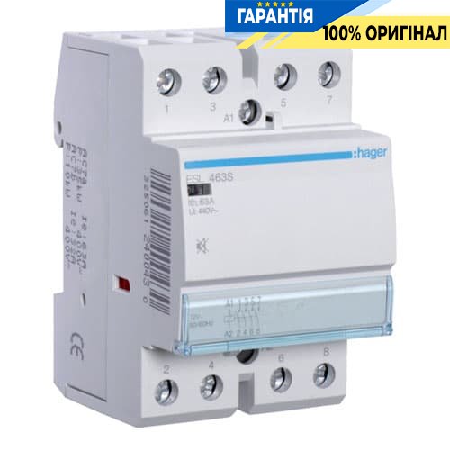 Контактор бесшумный Hager ESL463S 63A, 4Н.О, 12V