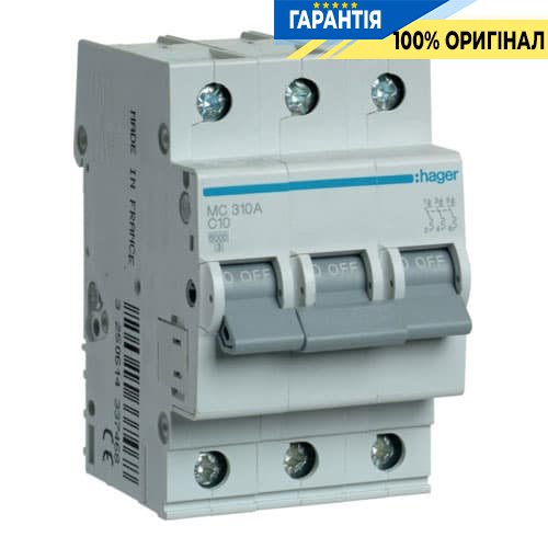 Автоматический выключатель Hager 10А, 3ф, С 6 кА MC310A