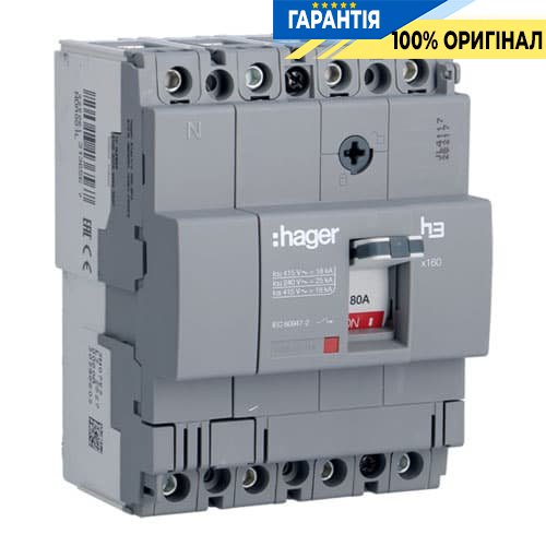 Автоматичний вимикач h160 4-полюси 18kA 80A Hager HDA081L