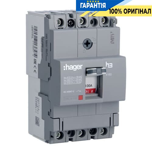Автоматичний вимикач h160 3-полюси 18kA 100A Hager HDA100L