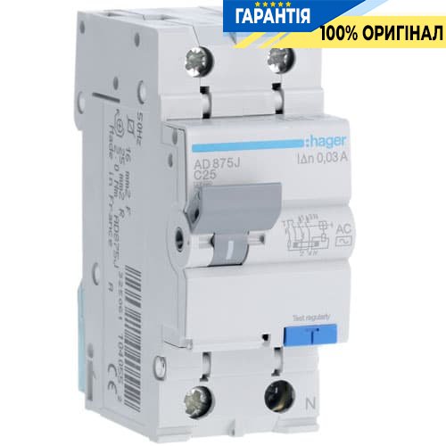 Дифавтомат Hager AD875J 1P + N 4.5kA C-25A 30mA AC