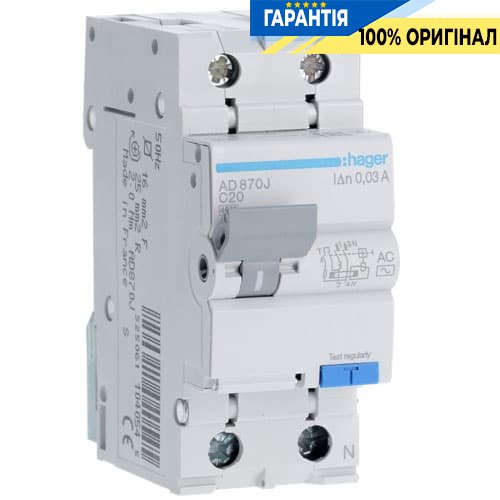Дифавтомат Hager AD870J 1P + N 4.5kA C-20A 30mA AC