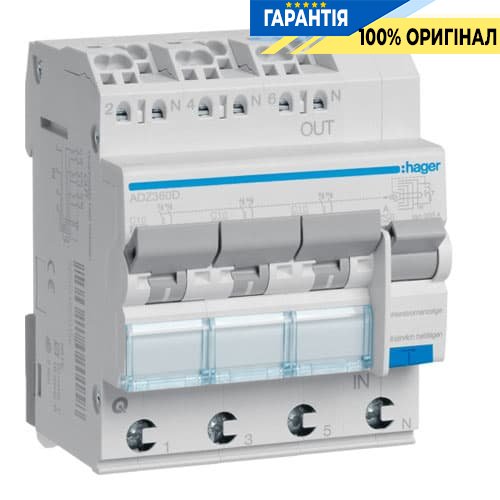Дифавтомат 3-фазий (3P + N) 6кА С-10А 30мА, QuickConnect Hager ADZ360D