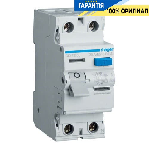Дифреле Hager CD225J 2-полюси 25 А, струм витоку 30mA, Тип - А