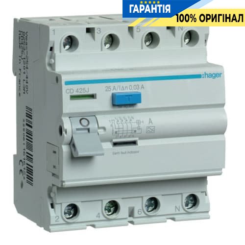 Дифреле Hager CD425J 4-полюси 25 А, струм витоку 30mA, Тип - А