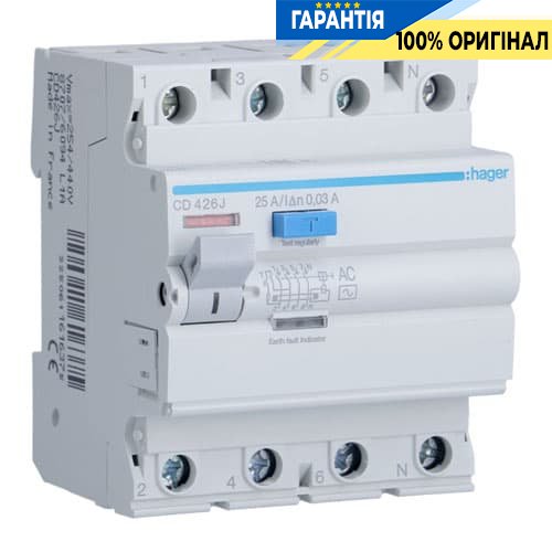 Дифреле Hager CD426J 4-полюси 25 А, струм витоку 30mA, Тип - АC