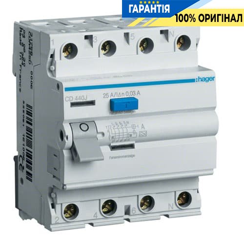 Дифреле Hager CD440J 4-полюса 40 А, струм витоку 30mA, Тип - А