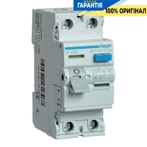Дифреле Hager CF226J 2-полюси 25 А, струм витоку 300mA, Тип - АC