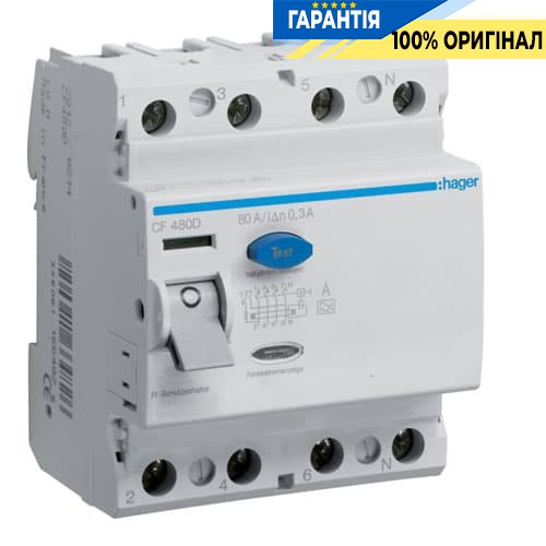 Дифреле Hager CF480D 4-полюса 80 А, ток утечки 300mA, Тип - А