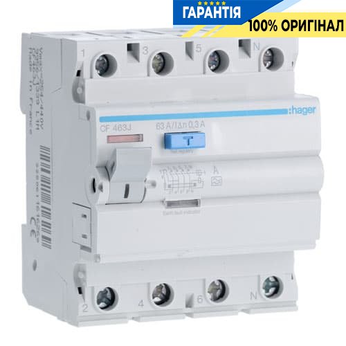 Дифреле Hager CF463J 4-полюса 63 Аа, ток утечки 300mA, Тип - А