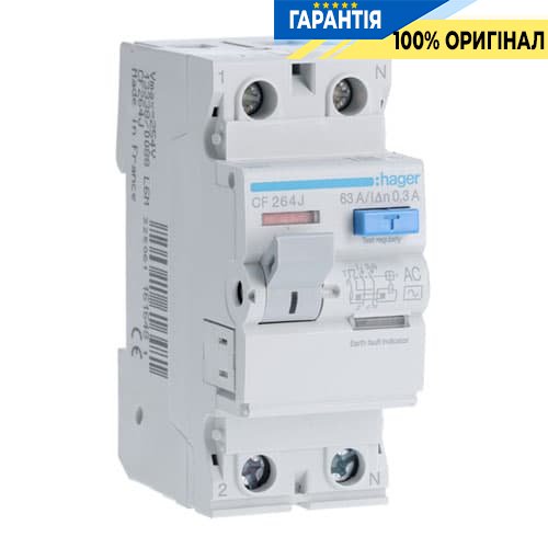 Дифреле Hager CF264J 2-полюса 63 А, струм витоку 300mA, Тип - АC