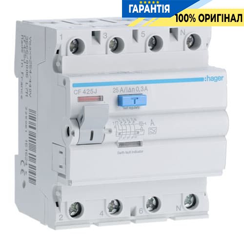 Дифреле Hager CF425J 4-полюса 25 А, ток утечки 300mA, Тип - А