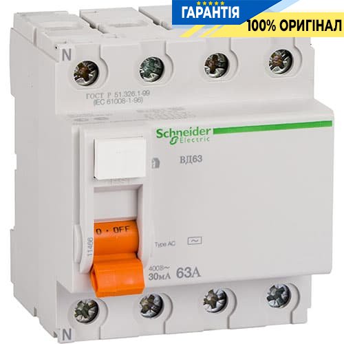 Дифреле 3-фазное (УЗО) ВД 63 «Домовой» 4п 63 Аа 30мА Schneider Electric 11466