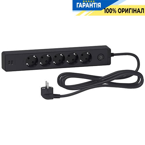 Подовжувач Unica Extend Schneider Electric ST945U3B на 5 розеток із заземленням + 2 * USB-розетки, 3м, чорний