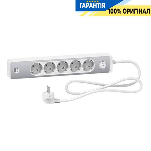 Удлинитель Unica Extend Schneider Electric ST945U1WA на 5 розеток с заземлением+2*USB-розетки, 1.5м, белый с алюм.