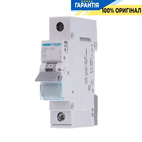 Автоматический выключатель Hager 1-P, 6А, хар-ка B, 6kA, MBN106