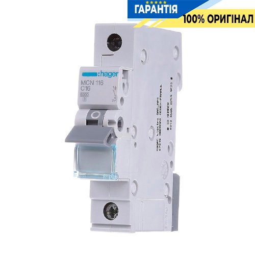 Автоматический выключатель Hager 1-P, 16A, хар-ка C, 6kA, MCN116