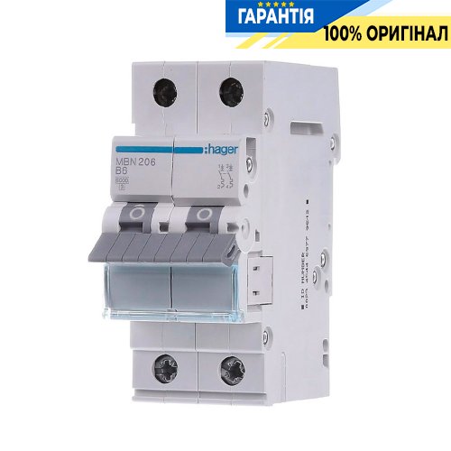 Автоматичний вимикач Hager 2-P, 6A , хар-ка B, 6kA, MBN206