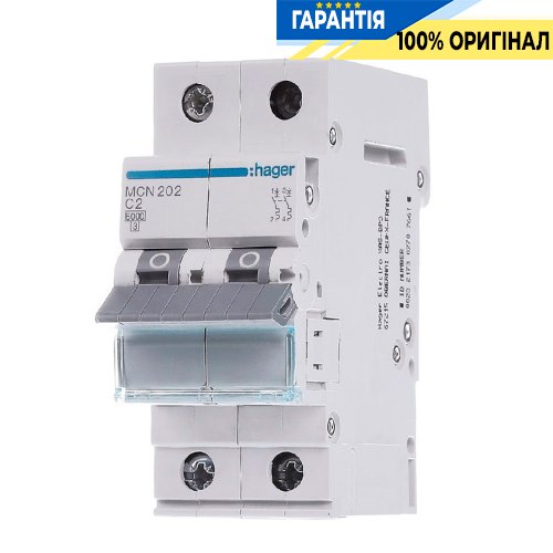 Автоматичний вимикач Hager 2-P, 2A, хар-ка C, 6kA, MCN202