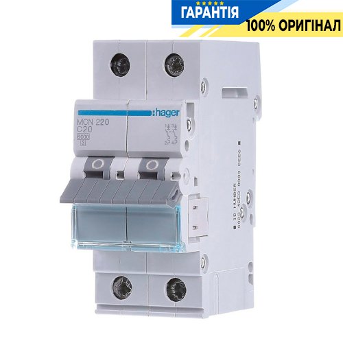 Автоматичний вимикач Hager 2-P, 20A, хар-ка C, 6kA, MCN220