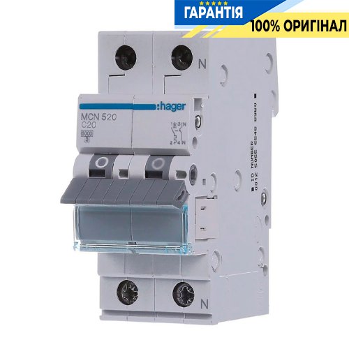 Автоматический выключатель Hager 1P+N, 20A, хар-ка C, 6kA, 2 мод., MCN520