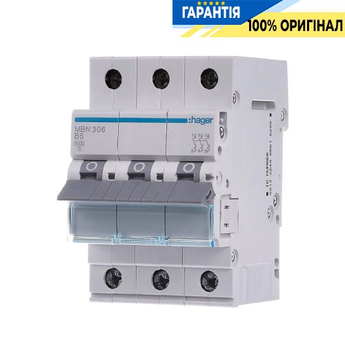 Автоматичний вимикач Hager 3-P, 6A , хар-ка B, 6kA, MBN306