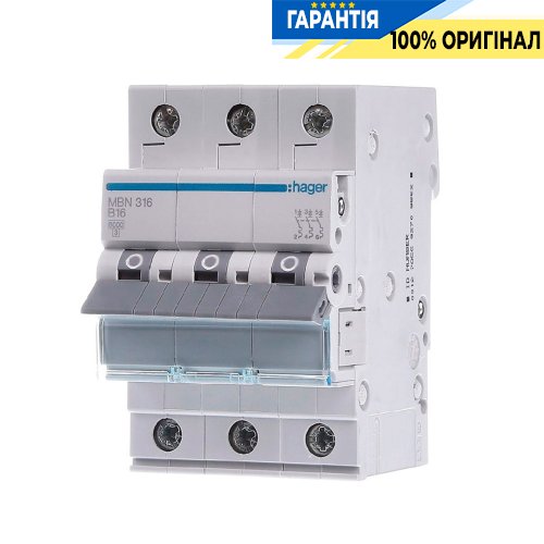 Автоматичний вимикач Hager 3-P, 16A , хар-ка B, 6kA, MBN316