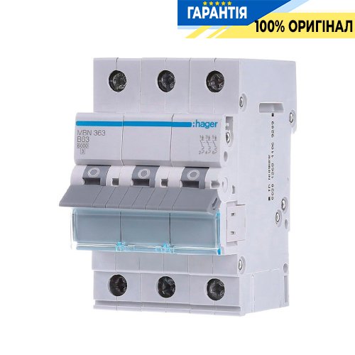 Автоматический выключатель Hager 3-P, 63A , хар-ка B, 6kA, MBN363
