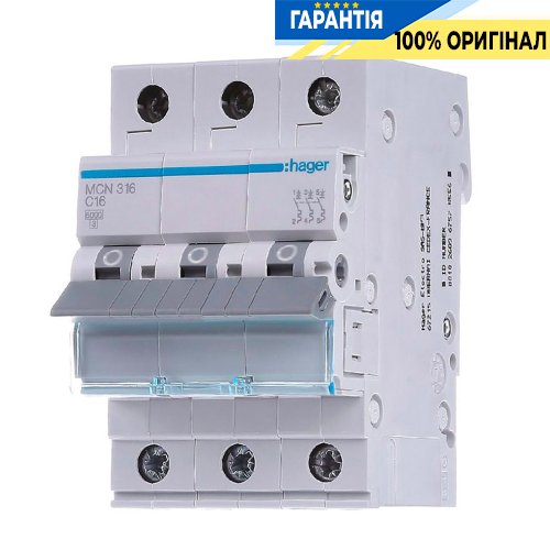 Автоматичний вимикач Hager 3-P, 16A, хар-ка C, 6kA, MCN316