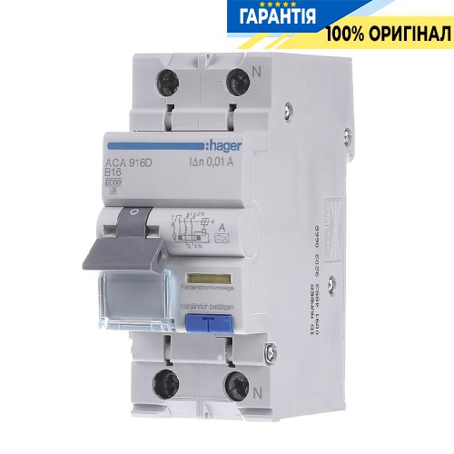 Дифавтомат 1P+N, 6kA, B-16A, 10mA, A, Hager (Хагер) ACA916D