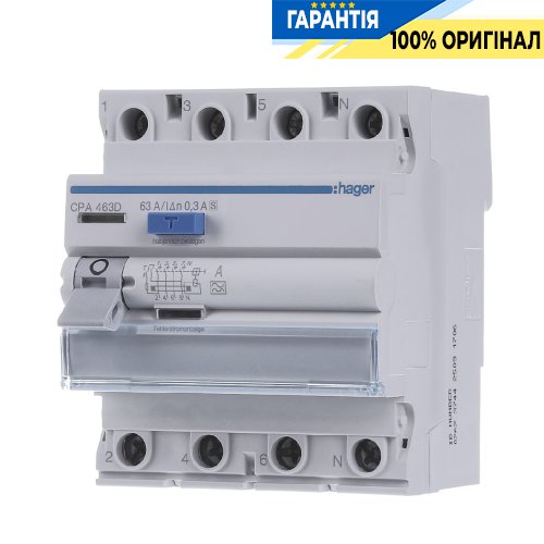 Дифреле 4P, 6kA, 63A, 300mA, A, S, Hager (Хагер) CPA463D