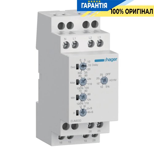 Реле контролю фаз та напруги без затр. на увімкн., 1P+N/3P(N) 2ПК, Hager (Хагер) EUM200