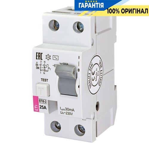 Дифференциальное реле (УЗО) 2р EFI6-P2 25/0,03 тип AC (6kA), ETI 2061251