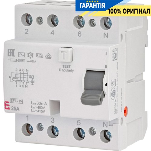 Реле диференційне (ПЗВ) 4р EFI-P4 25/0,03 тип AC (10kA), ETI 2061611