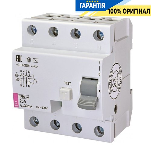 Реле диференційне (ПЗВ) 4р EFI6-P4 63/0,03 тип AC (6kA), ETI 2061653